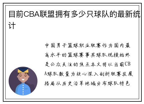 目前CBA联盟拥有多少只球队的最新统计
